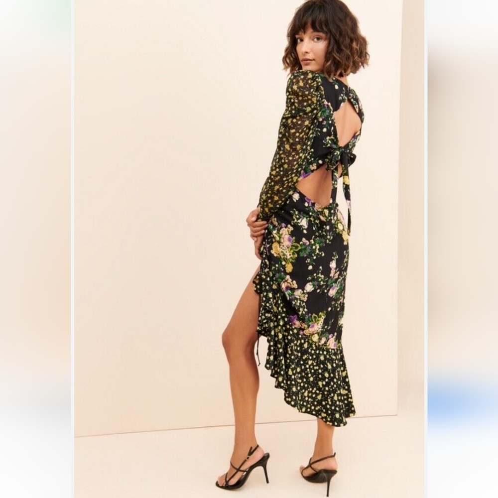 For Love & Lemons Black & Yellow Sheath Midi Dress w Bishop Sleeves Si… - Picture 5 of 8